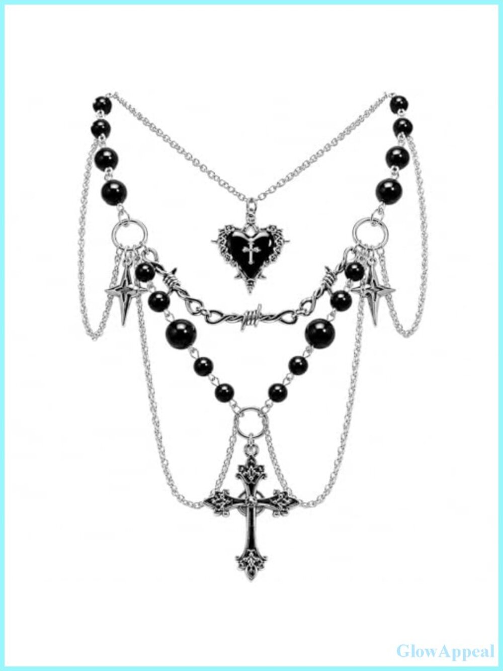 Gothic Y2K Chunky Cross Necklace with Black Pearls Layered Pendant Set
